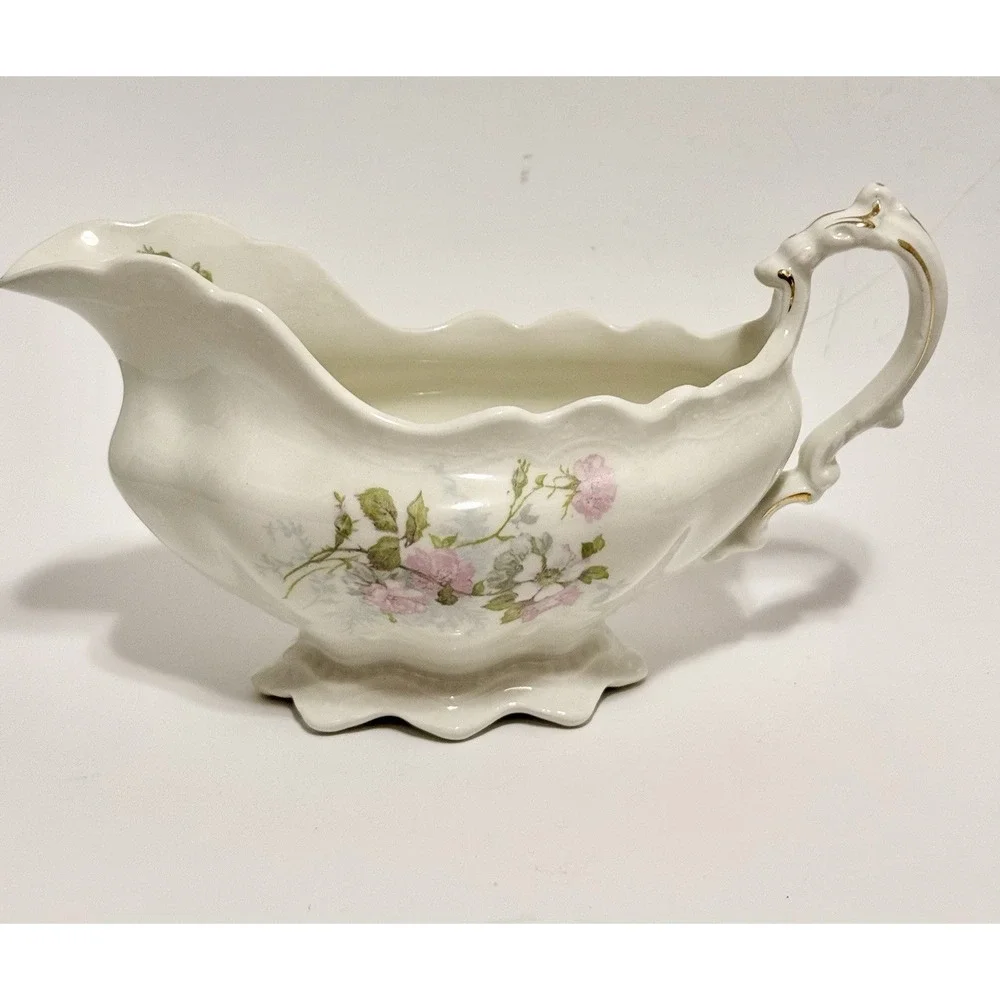 Antique Johnson Brothers, England Gravy Boat Reg Oct 21 1902 Pink Blue Gold Trim